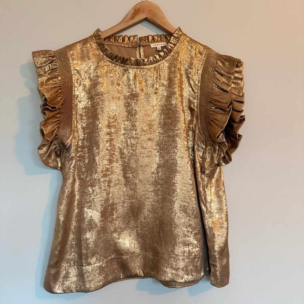 JODIFL Metallic Gold Ruffle Sleeve  Top